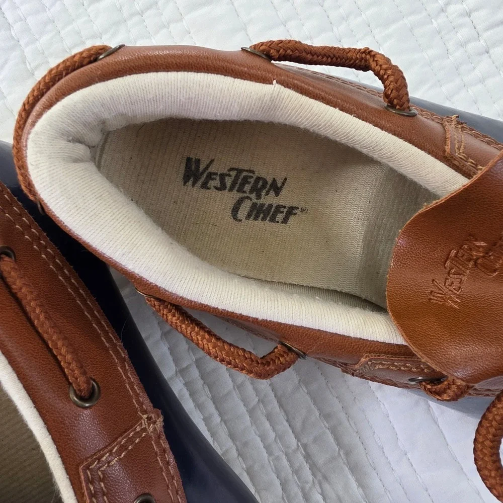 Western Chief Womens 8 One Eye Duck Rain Shoes Navy Brown Low Top Rubber Boots